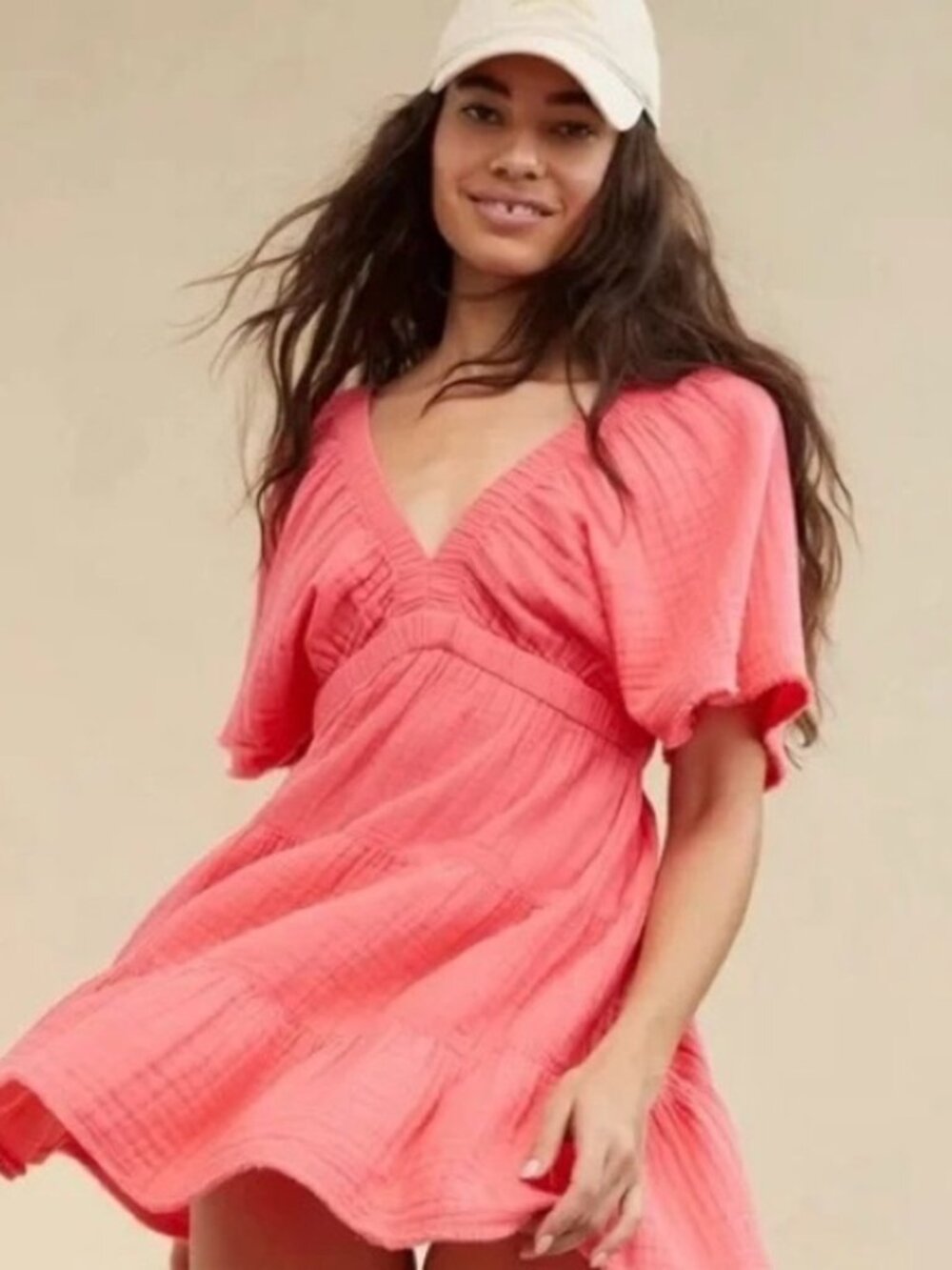 NEW Aerie Gauzy Flutter Sleeve Dress Coral Textured V-Neck, Size S